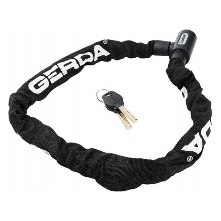 Set De Incuietori Pentru Bicicleta Cu Cheie, Gerda, Contra 900/6V, 90 cm, Otel/Plastic, Lant Din Verigi Intarite De 6 mm, Lungime 90 cm, Protectie Textila Impotriva Zgarieturilor, Capac Automat Pentru Orificiul Cheii, Negru