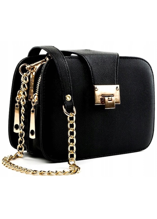Geanta dama, Geanta cu multe compartimente, Elegant, Edibazzar, Piele ecologica, Lant, Negru, 21.5x15x8 cm