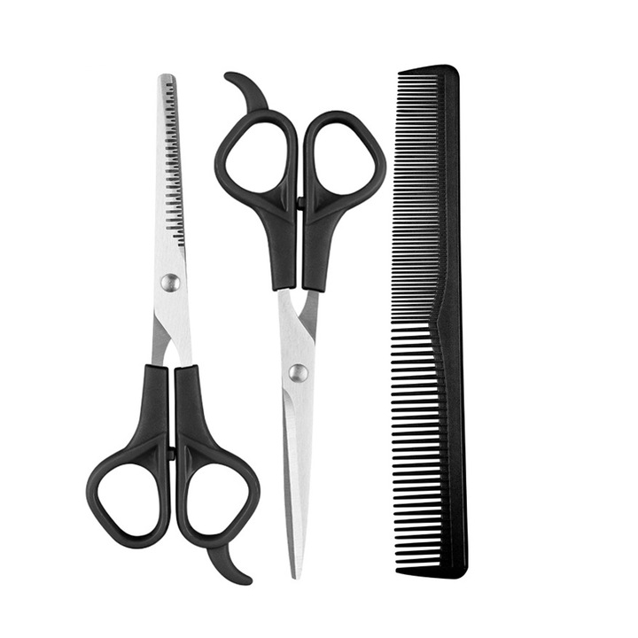 Set 2 foarfece/1 pieptene pentru tuns, Inox/Plastic, 17/17.5 cm, Negru
