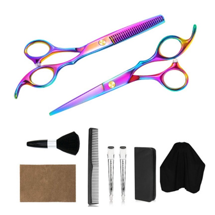 Set profesional de coafura/tuns, Inox, 10 piese, Multicolor