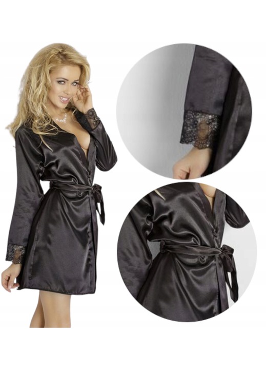 Halat din satin cu dantela, Dkaren, negru, XL