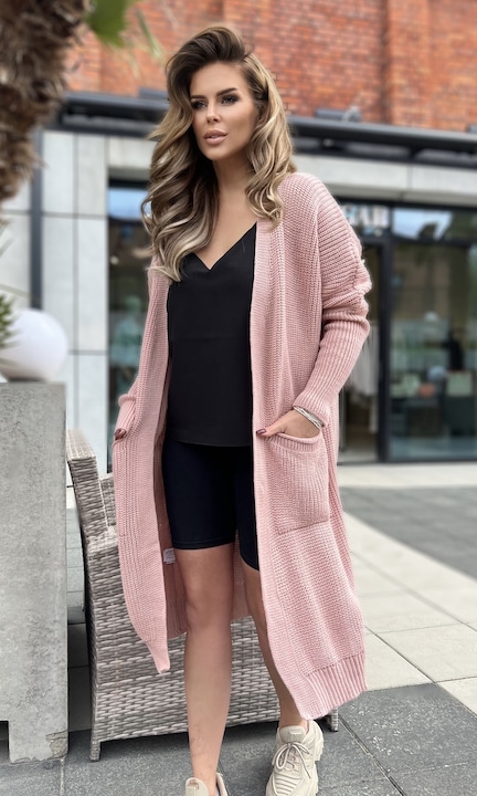 Hosszú rózsaszín zsebes kardigán, Och Bella, Egy méret, Akril
