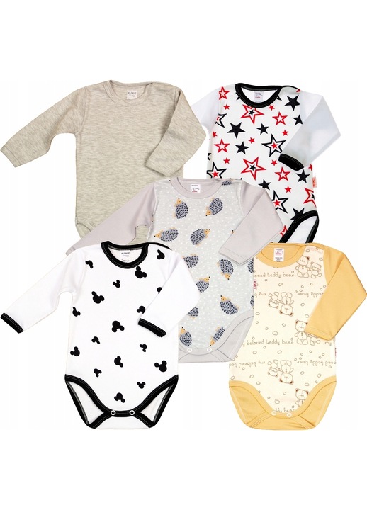 Set 5 body-uri cu maneca lunga, KLEKLE, Bumbac, Multicolor, Multicolor