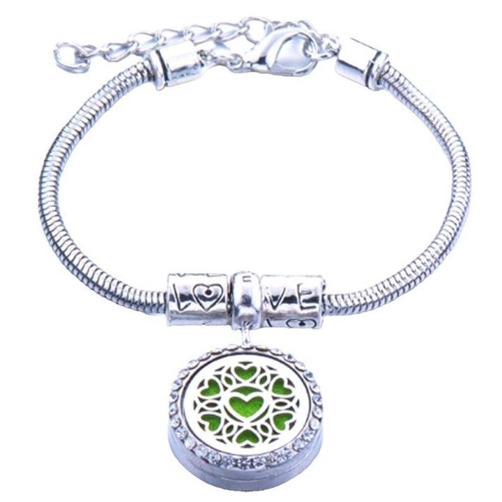 Bratara aromaterapie, Tip difuzor pentru uleiuri esentiale, Otel, Inima, Argintiu