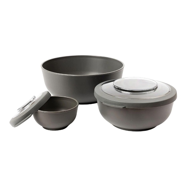 Set 3 boluri cu capac, AMUSE, Plastic, Gri