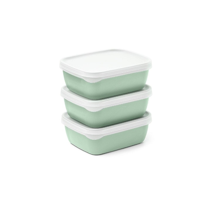 Set 3 recipiente pentru congelator, Amuse, Plastic, 600 ml, 12.2 x 15.3 x 5.7 cm, Alb/Verde