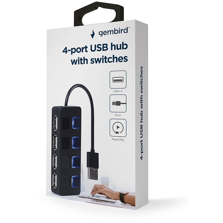 USB 2.0 4-port hub with switches, Black