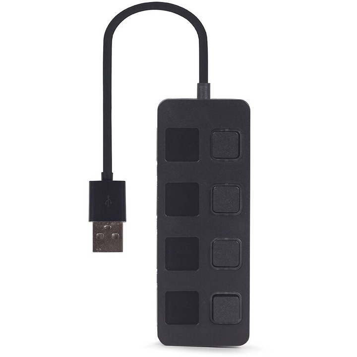 USB 2.0 4-port hub with switches, Black
