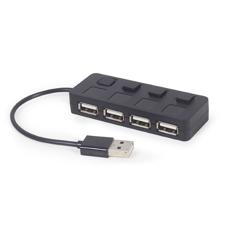 GEMBIRD külső HUB, USB portok: USB 2.0 x 4, USB csatlakozás, be/ki, kábel 0,15 m, fekete