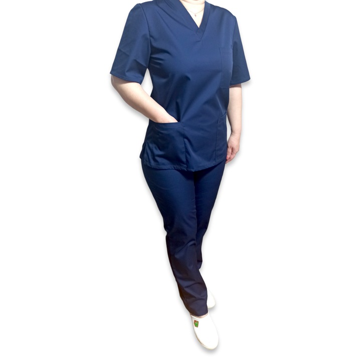 Costum medical de dama cu anchior, din tercot elastic bleumarin, AMA Medical Scrubs, Marimea 38