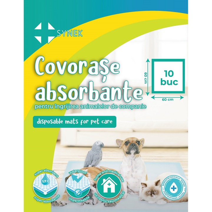 Covorase absorbante pentru ingrijirea animalelor de companie 60cmx60cm, Synek, 10buc