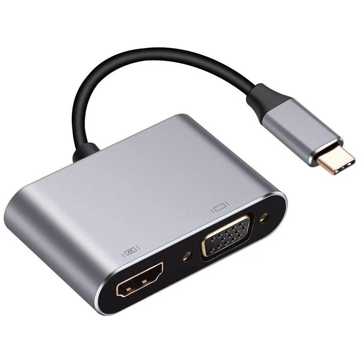 Adaptor, JENUOS®, 4 in 1 Plug & Play de la USB Type C la 1 x 100W USB Type-C Power Delivery, 1 x HDMI 4K, 1 x VGA FHD, 1 x USB 3.0, Argintiu