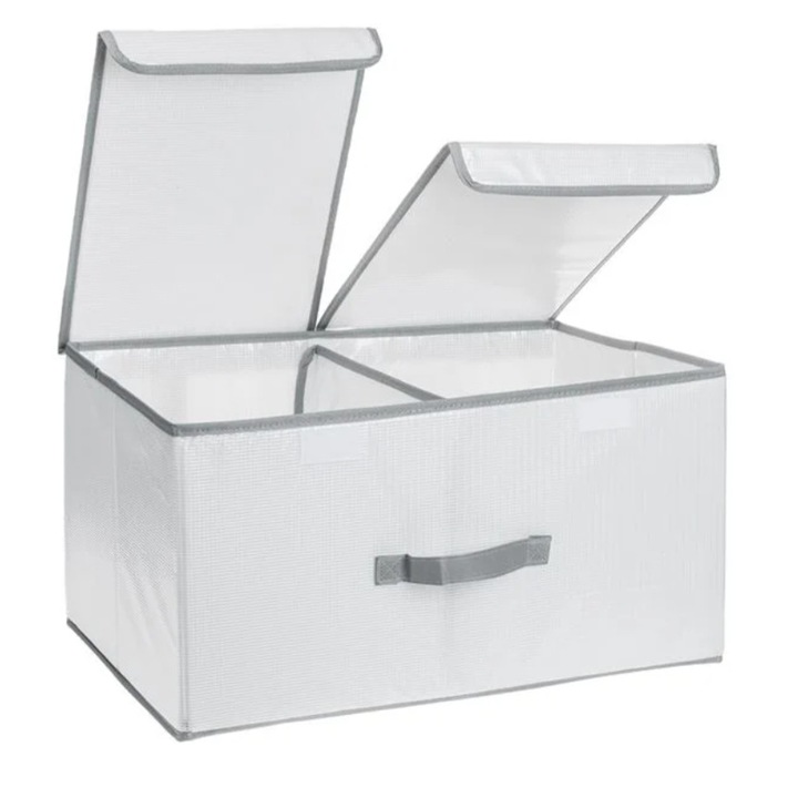 Cutie de depozitare, cu capac dublu si separator detasabil, alb, 50x30x27cm