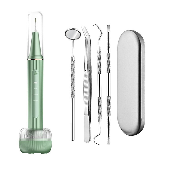 Fogászati pikkelyes készlet, Rozsdamentes acél, Kamera, LED világítás, 3 intenzitási fokozat, USB, Zöld