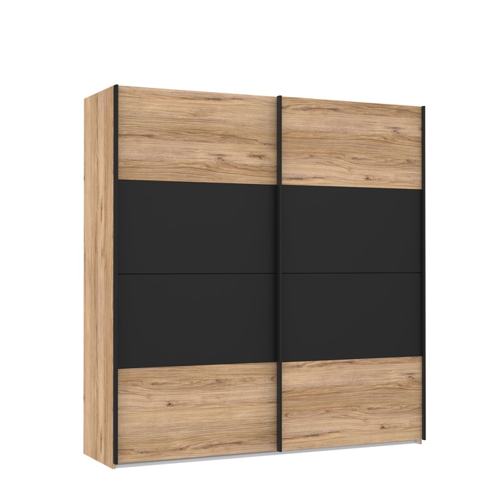 Dulap/Dressing Forte Dalate, dimensiuni 200.1x 210.5x 62.9, culoare stejar Catania/ negru, 2 usi culisante, 2 bare de umerase