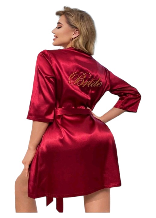 Halat dama alb din satin, pentru Mireasa, StarFashion, brodat cu textul "Bride", Rosu