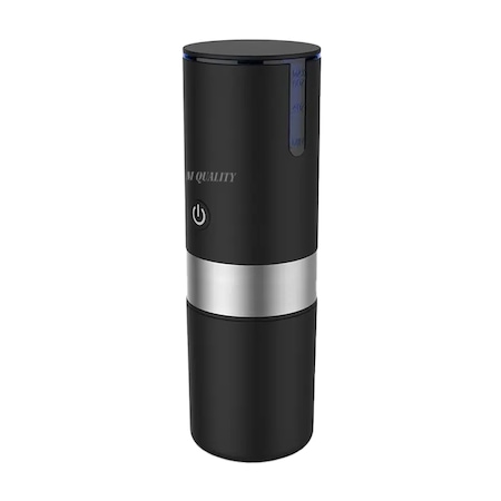 Mini Espressor Portabil Complet Automat, Design egonomic, Ideal pentru job sau calatorii, Foarte silentios, Preparare cu un singur buton, Ceai sau cafea, Conectivitate USB sau 2 baterii AAA, Apa fierbinte, Termos inclus, otel inoxidabil + PCTG, Negru