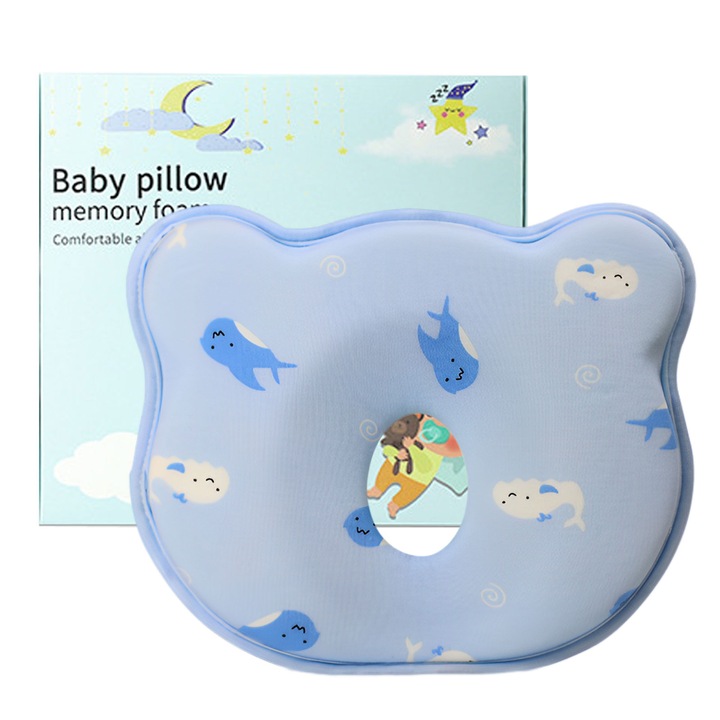 Perna pentru bebelusi Kravzite®, anti plagiocefaliei, Spuma cu Memorie, 25×23 cm, Albastru