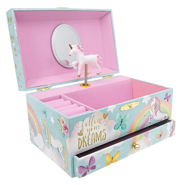 Cutie Muzicala, BRAGUS, Cutie Magica Muzicala cu Unicorn Rotativ, Cutie pentru Bijuterii, Design Elegant, 3 Bratari Incluse, Cutiuta Muzicala Animata cu Unicorn pentru Fetite, Jucarie Muzicala pentru Copii, Cutie Melodica, sertar incorporat, interior roz