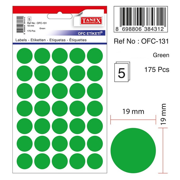 Öntapadós címkék színes, D19 Mm, 175 db/készlet, Tanex - zöld