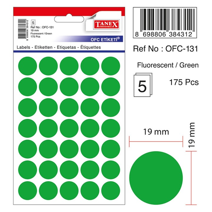 Set etichete buline, verde fluorescent, ø 19, 175 buc