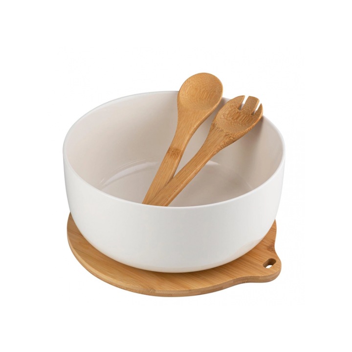 Bol Adria, portelan, alb, baza bambus, set 2 linguri, 25 x 11 cm