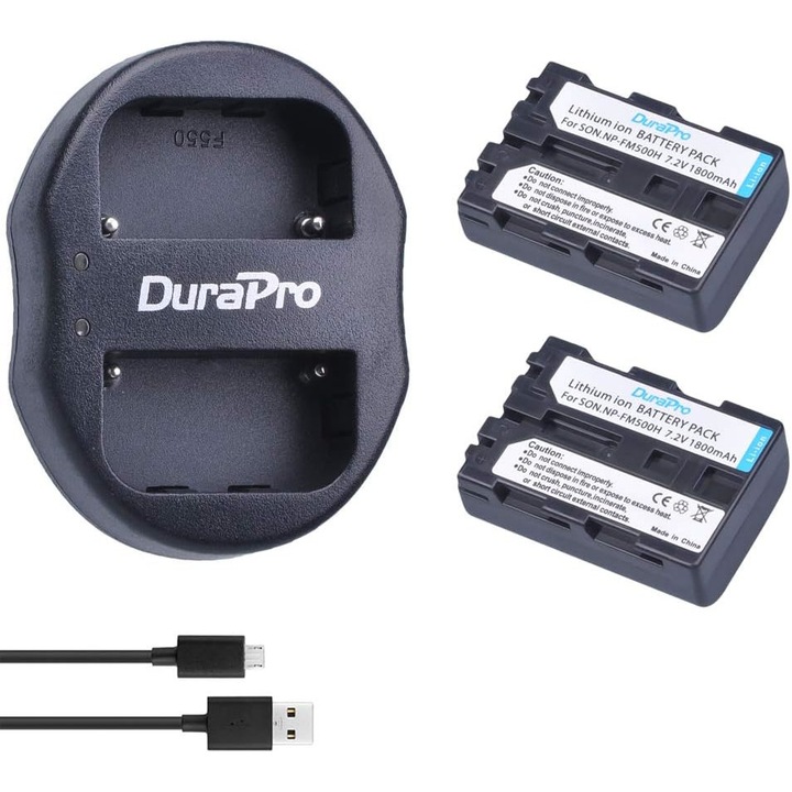 Set de 2 acumulatori NP-FM500H 1800 mAh si incarcator dual pentru Sony Alpha SLT-A57 A58 A65 A65V A77 A77V A99 CLM-V55 DSLR-A100 A200 A300 A350 A450, A5000