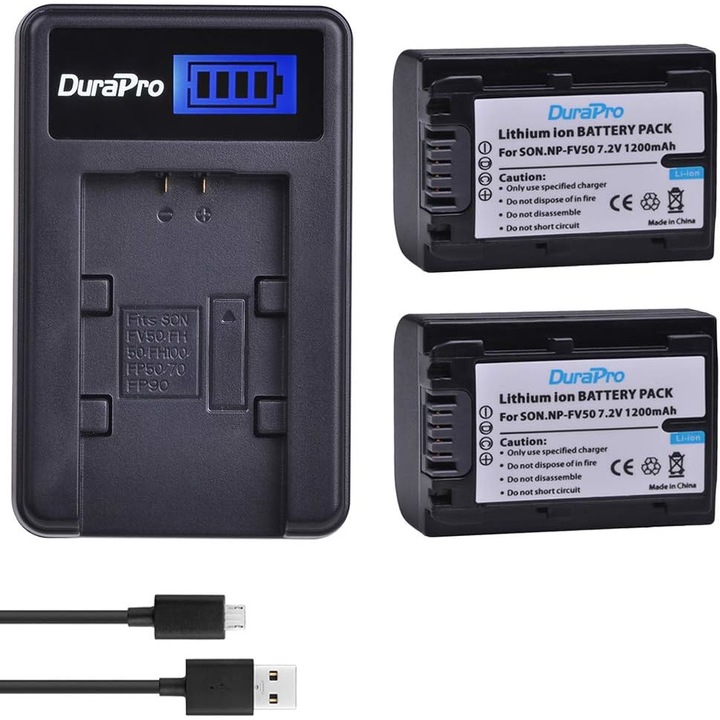 Set de 2 acumulatori NP-FV50 1200 mAh si incarcator LCD, pentru Sony NP-FV30, NP-FV40, FV70, FV100, HDR-CX150E, HDR-CX170, HDR-SR68, DCR-SR20E, HDR-CX190