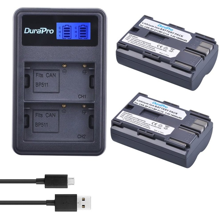 Set de 2 acumulatori BP-511 BP-511A 1800 mAh cu incarcator dual pentru Canon EOS 5D 10D 20D 20D 30D 40D 50D 300D D30 D60, Rebel PowerShot Pro G5 G1962 Pro G1 G5 G190 Pro