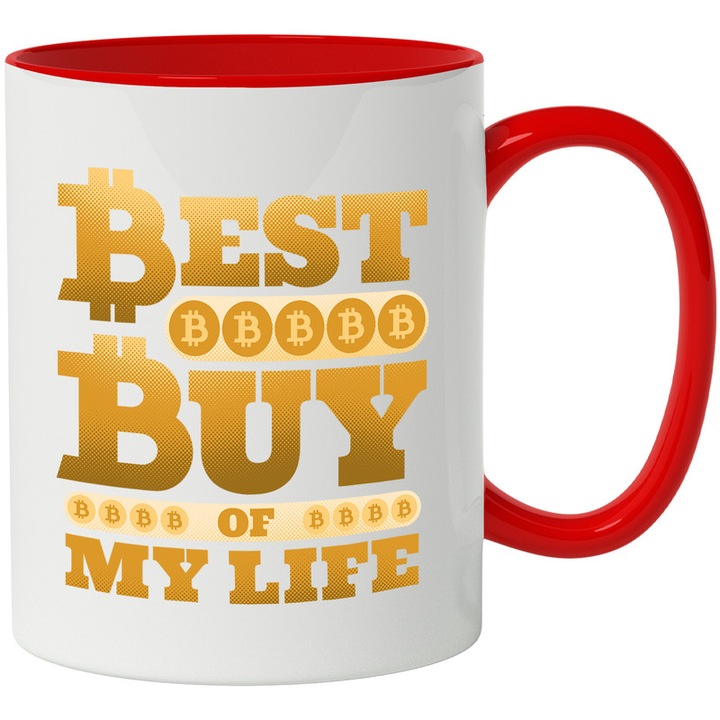 Cana Bitcoin Personalizata Cu Mesaj Motivationala "Best Buy Moneda Crypto", Ceramica, 330 ml, Rosu