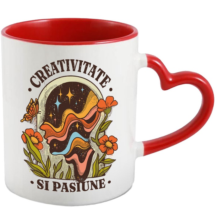 Cana Personalizata Cu Mesaj "Creativitate si Pasiune", Ceramica, 330 ml, Inima Rosie