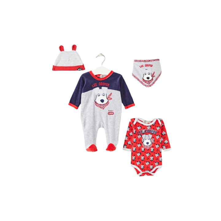 Set 4 piese, salopeta si body cu maneca lunga, babetica si caciula, albastru, Lee Cooper, Albastru