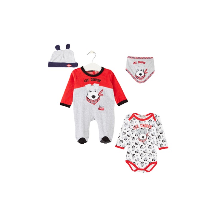 Set 4 piese, salopeta si body cu maneca lunga, babetica si caciula, rosu, Lee Cooper, Rosu
