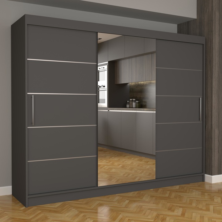 Dulap Dormitor Stefan Plus 250 cm x 200 cm x 61 cm, cu oglinda, gri cu usi glisante gri