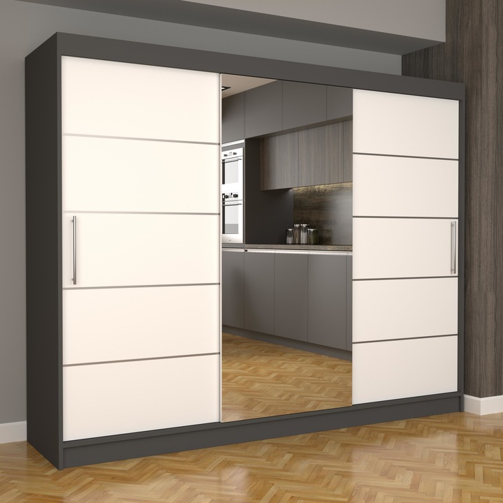 Dulap Dormitor Stefan Plus 250 cm x 200 cm x 61 cm, cu oglinda, gri cu usi glisante albe