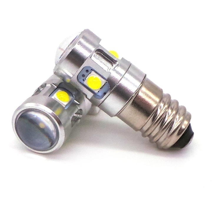 Bec LED, motoLEDy, E10, cu filet, pentru auto, 10-30V, set 2 bucati, 500 lumeni, alb rece, 5500K, unghi dispersie 360 grade, tip dioda SMD 2538, durata de viata 50.000 ore, rezistent la socuri, pornire instantanee, eficienta energetica ridicata