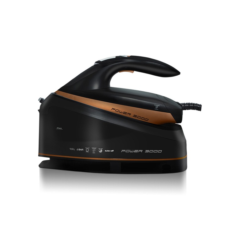 Statie de calcat cu boiler GOTIE GCP-3000, 3000W, talpa ceramica, 6 bari, abur 130 g/min., jet de abur 400g, rezervor 1.5L, calcat orizontal/vertical, Negru/Auriu