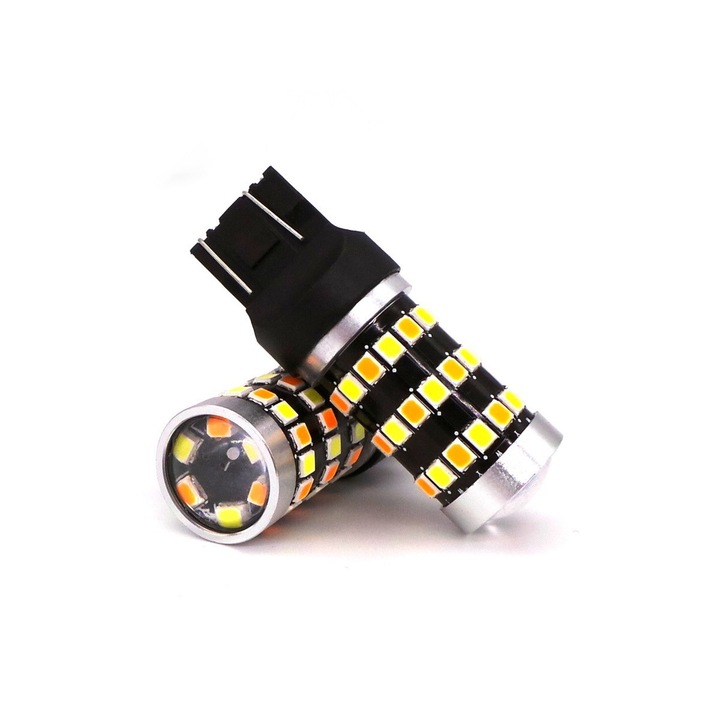 Set 2 becuri auto motoLEDy, LED 7443, W21/5W 12V CANBUS alb-portocaliu, bicolor