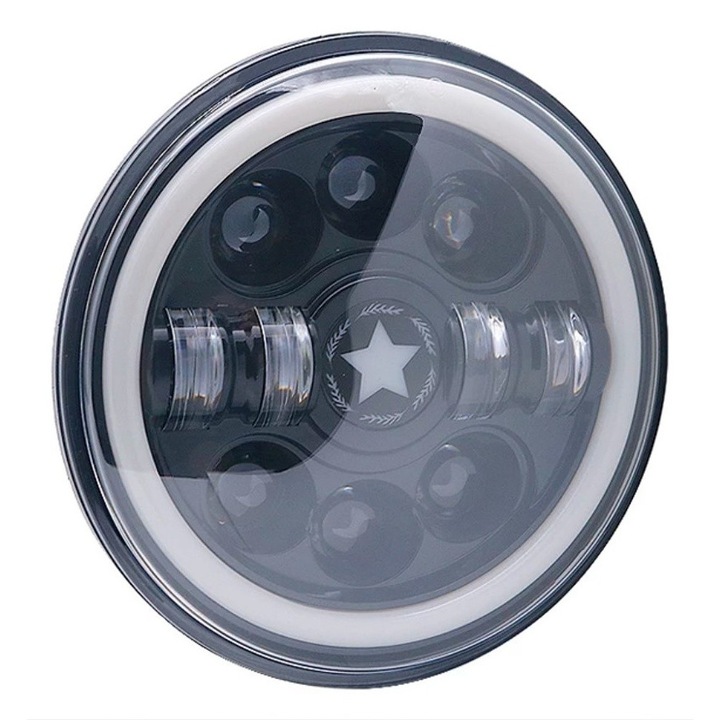 Far auto/moto Full LED, motoLEDy, Star, 7 inci, Faza scurta, Faza lunga, Lumini de zi DRL, Lumini de pozitie, CANBUS, Alb, Set 1 bucata, 6000 lumeni, 5500K, IP68, Omologare DOT SAE E9, LED CREE, Durata de viata 50.000 ore