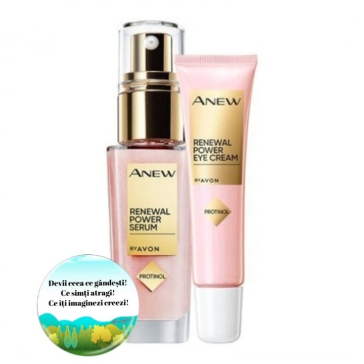 Set pentru intinerirea tenului Avon Anew Renewal Power, ser intinerire ten 30 ml, crema pleoape ochi 15 ml si insigna Dactylion cu mesaj motivational