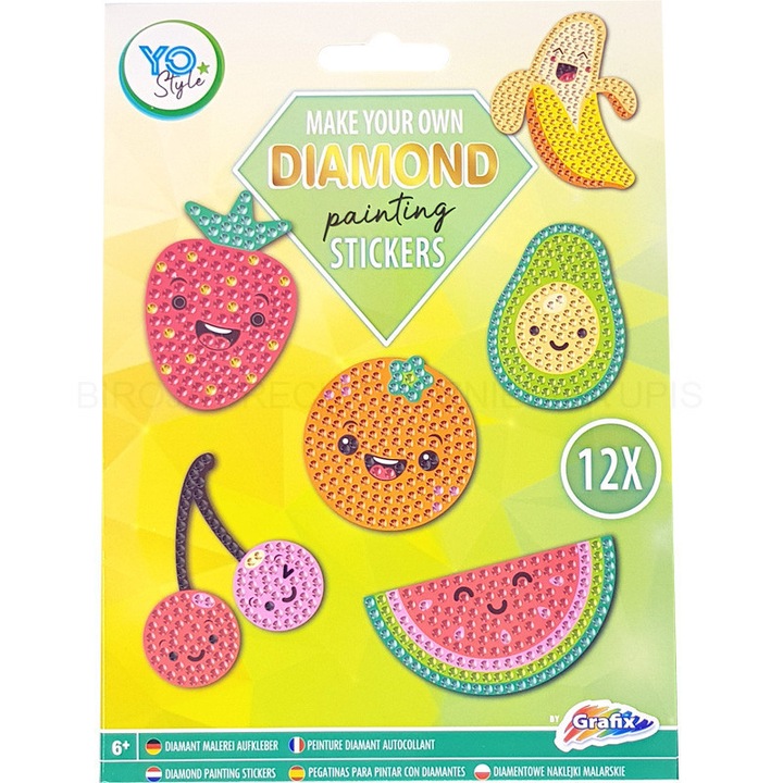 Kreatív gyémánt hímzőkészlet, 12 db matrica, gyümölcs minta, 5D DIY mozaik, 13x12 cm, többszínű