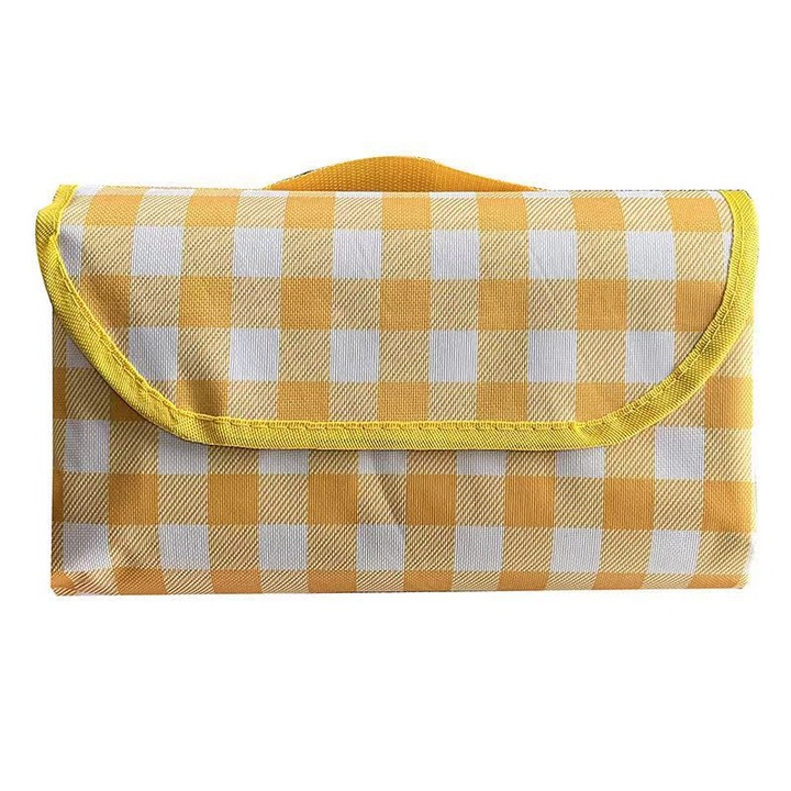 Patura de picnic impermeabila cu maner, pentru camping, plaja sau drumeti, pliabila, 200 x 150 cm, Galbena
