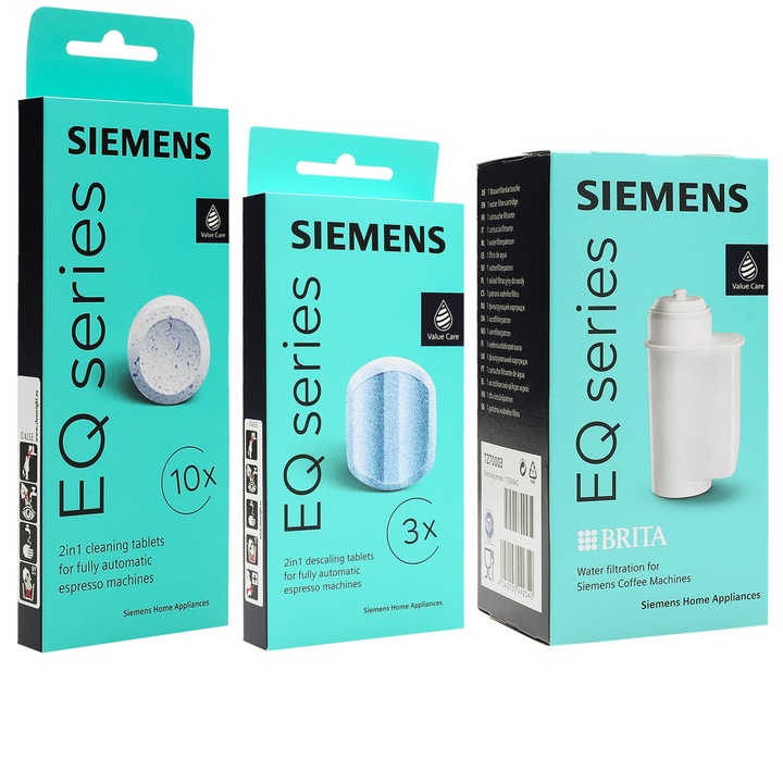 Комплект за кафемашина Siemens, 10 x почистваща таблетка TZ80001, 3 x таблетка за отстраняване на котлен камък TZ80002, 1 x водни филтри TZ70003