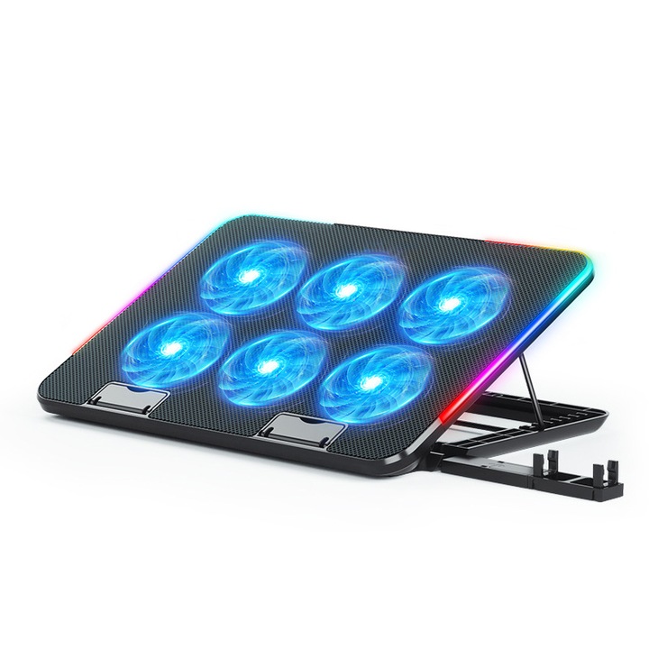 Охладител за лаптоп KINSI, 6 вентилатора, Двоен USB, RGB, Регулируема скорост на вятъра, Разсейване на топлината, Non-Slip, 360x255x27 мм, Черен