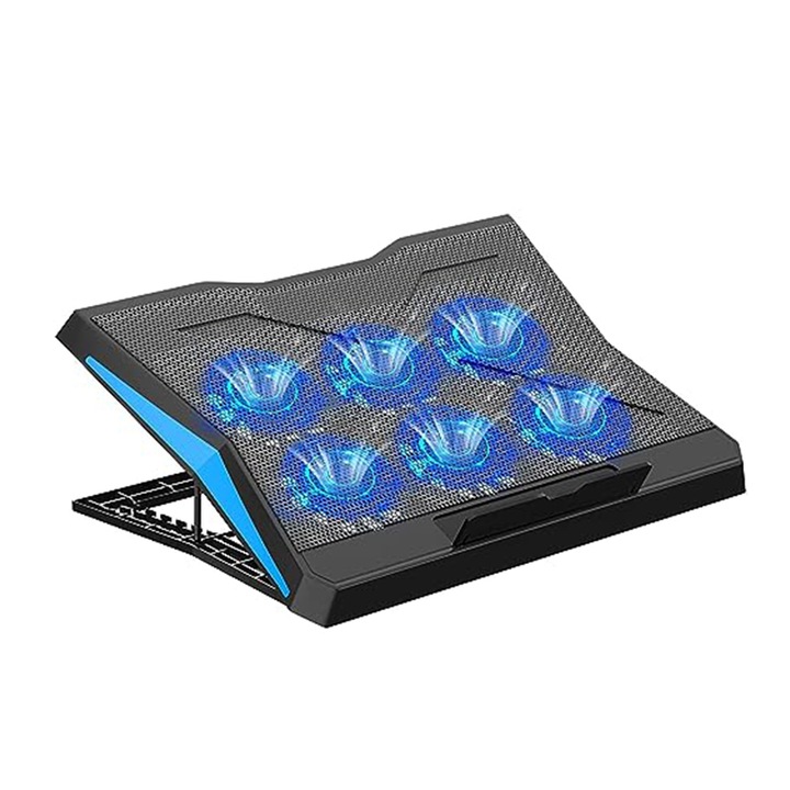 Cooler laptop KINSI, cu 6 ventilatoare, dual USB, viteza reglabila a vantului, disiparea caldurii, 368x273x28mm, Inaltime reglabila 6 trepte, negru