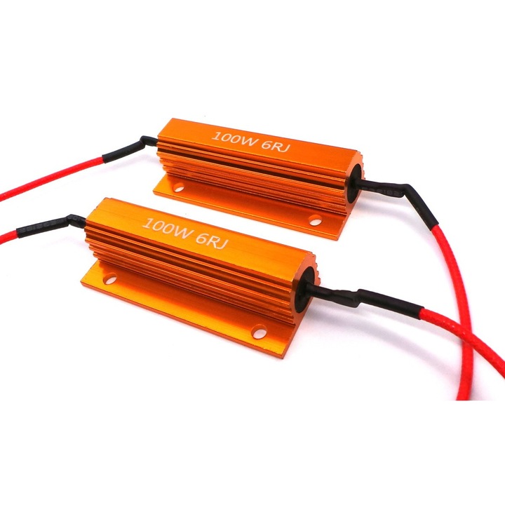 Rezystor, Decodor de eroare CAN, motoLEDy, Set 2 piese, Putere 100W, Rezistenta 6 Ohm, Tensiune 12V, Pentru becuri LED, Cu radiator, Eliminare erori CANBUS, Corectare semnalizare rapida, Pentru lumini DRL, Semnalizare, Marsarier, Stop, Pozitie