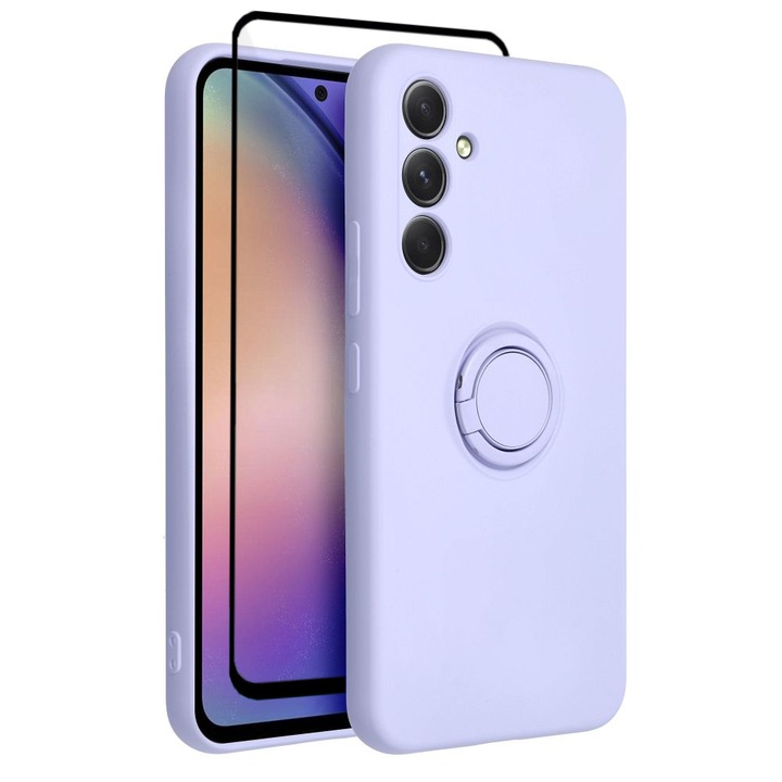 Set Full Protection cu Inel Rotativ si folie sticla protectie ecran pentru Samsung A34, Protectie integrala, Lavanda