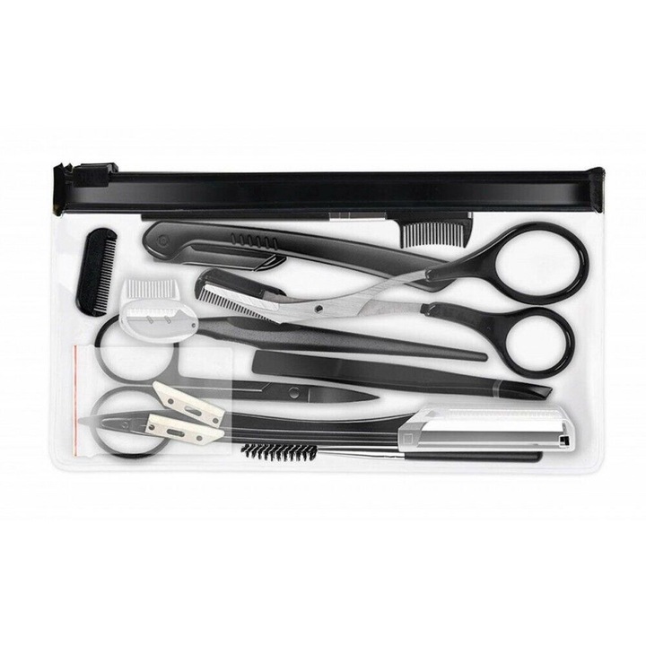 Set stilizare si intretinere gene si sprancene, 12 piese, etui de depozitare transparent