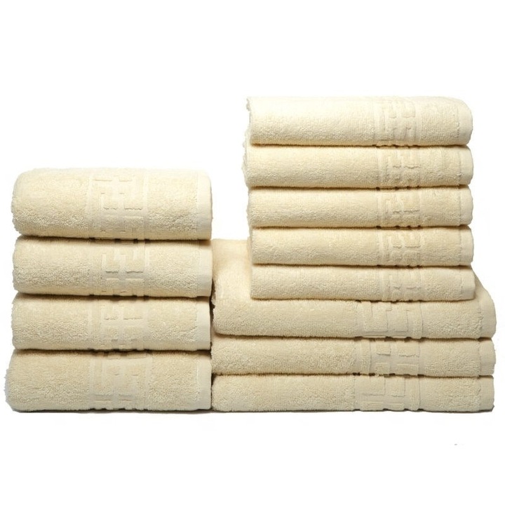 Комплект от 12 кърпи за баня, памук, обикновен, гръцка граница, 500g/m², слонова кост