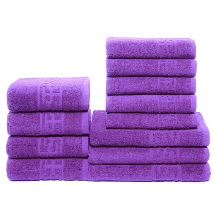 Комплект от 12 кърпи за баня, памук, обикновени, гръцки бордюр, 500g/m², лилав